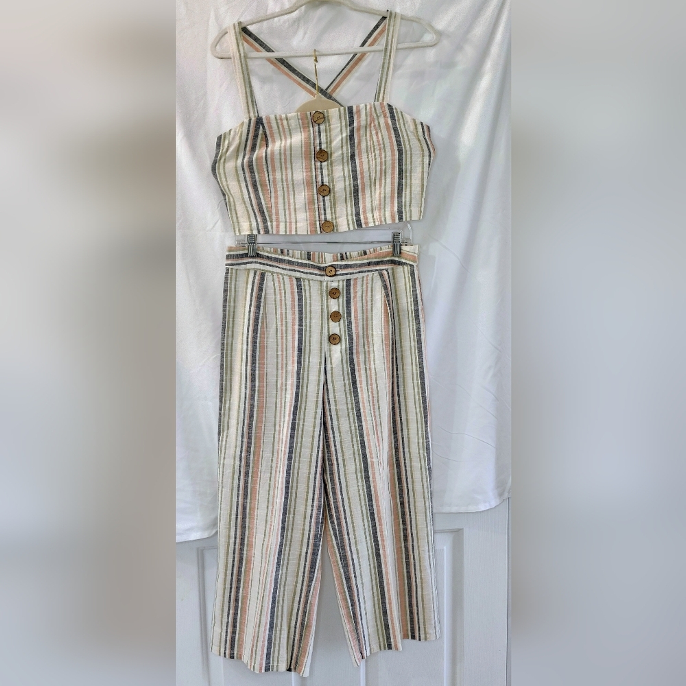 Mlle Gabrielle Crop Capri Set Stripe Cream Linen Button Front Elastic Waist Sz L
